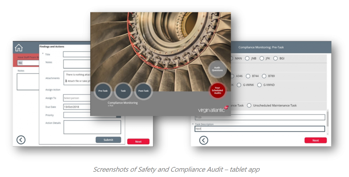 Näyttökuvia Virgin Atlanticin turvallisuuden- ja vaatimustenmukaisuuden seurantasovelluksesta.