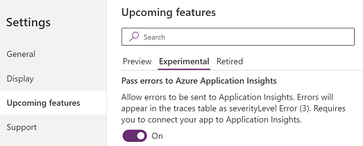 Ota Siirrä virheet Azure Application Insightsiin -asetus käyttöön.
