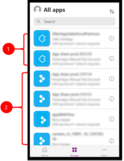 Power Apps Mobilen käyttöliittymä, jossa on pohjaan perustuvia ja mallipohjaisia sovelluksia
