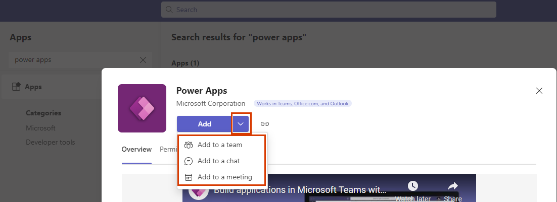 Captura de pantalla da Power Apps páxina da aplicación en Teams, co botón Engadir e engadir opcións destacadas.