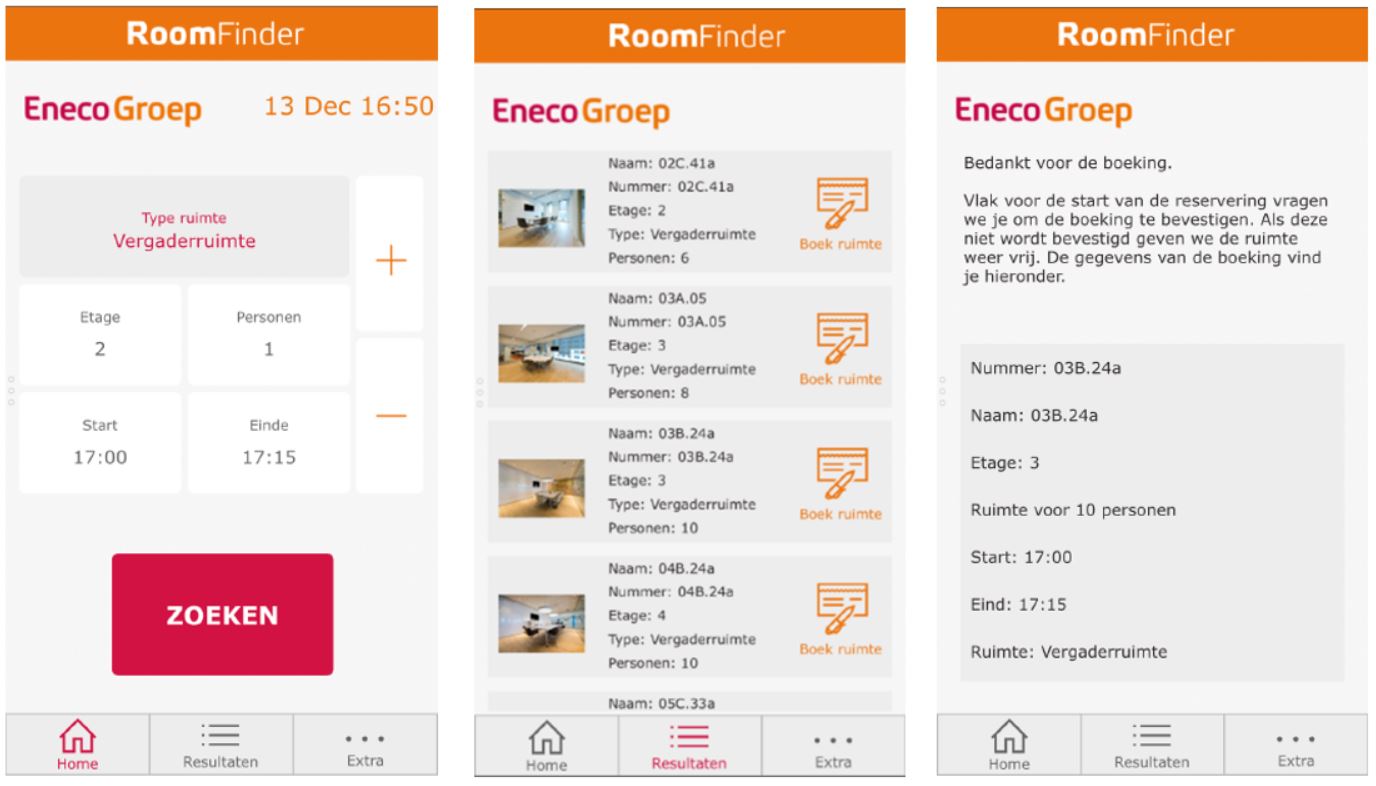 Captura de pantalla da aplicación RoomFinder de Eneco.
