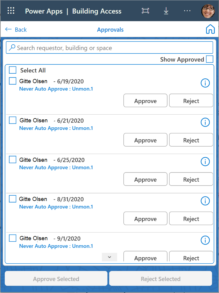 Captura de pantalla da pantalla de aprobacións da aplicación Acceso ao edificio.