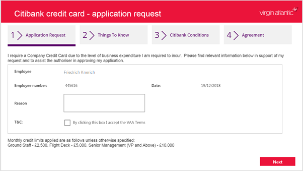 Captura de pantalla da aplicación de solicitude de tarxetas de crédito de Virgin Atlantic.