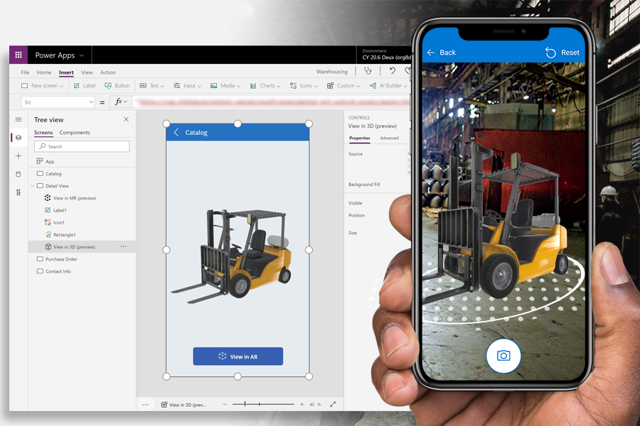 Captura de pantalla dunha aplicación de teléfono cun control 3D en construción en Microsoft Power Apps Studio, xunto cunha foto que mostra a aplicación en uso.