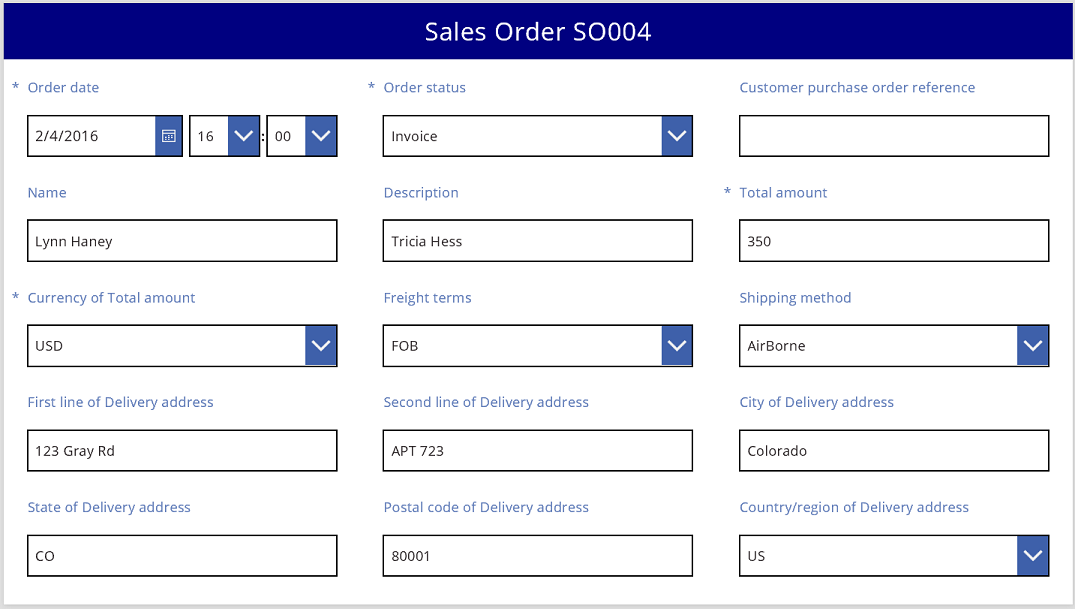 Ordine di vendita in un layout di base a tre colonne.