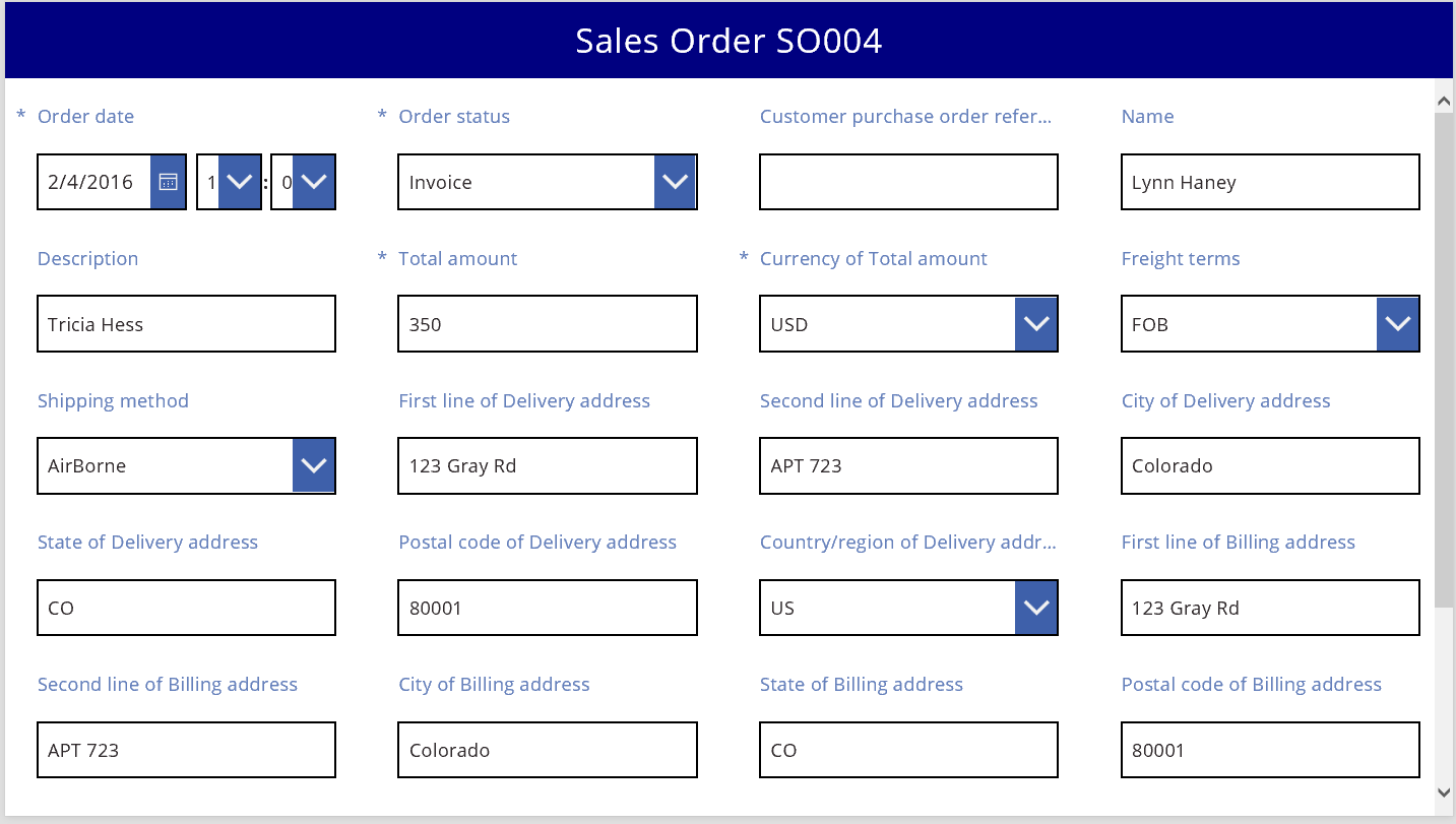 Ordine di vendita in un layout di base a quattro colonne.