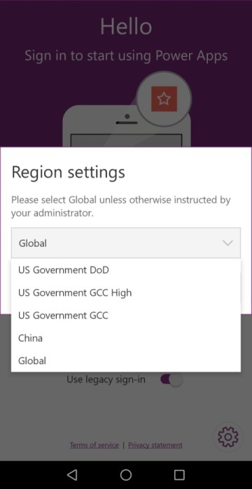 Wybierz region podczas logowania się do aplikacji mobilnej Power Apps